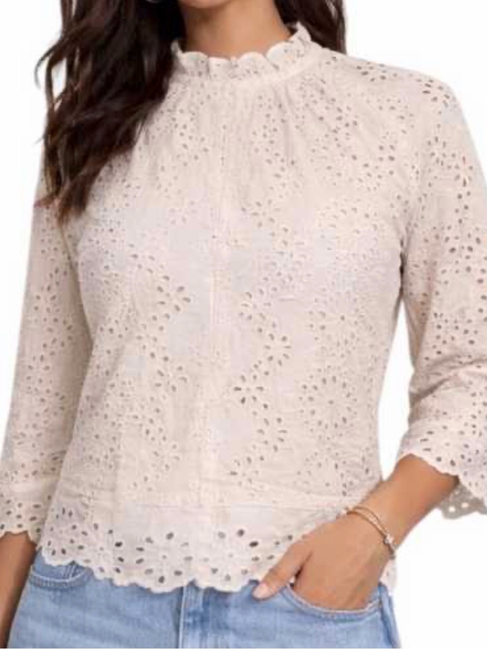 Women's Eyelet Mock Neck Blouse in Cream